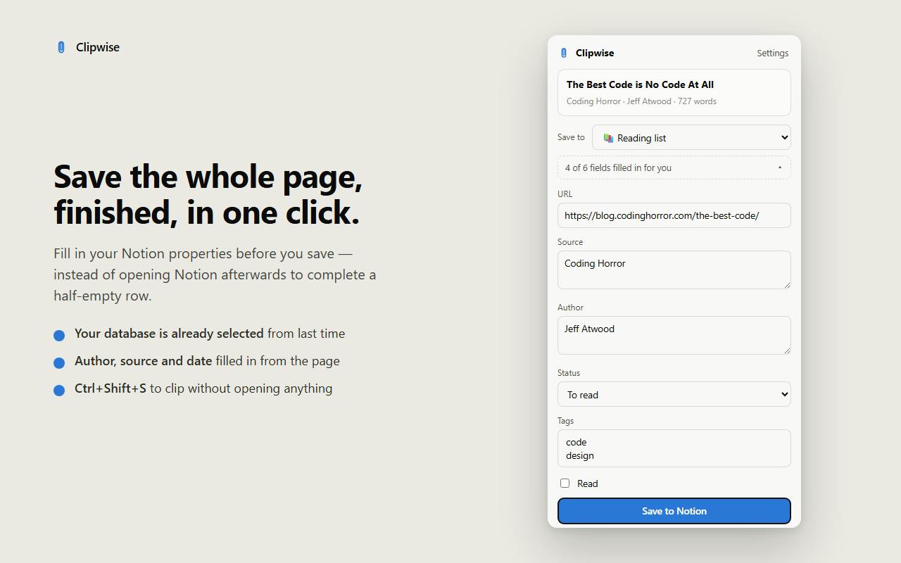 Clipwise:一键将任意网页保存到 Notion