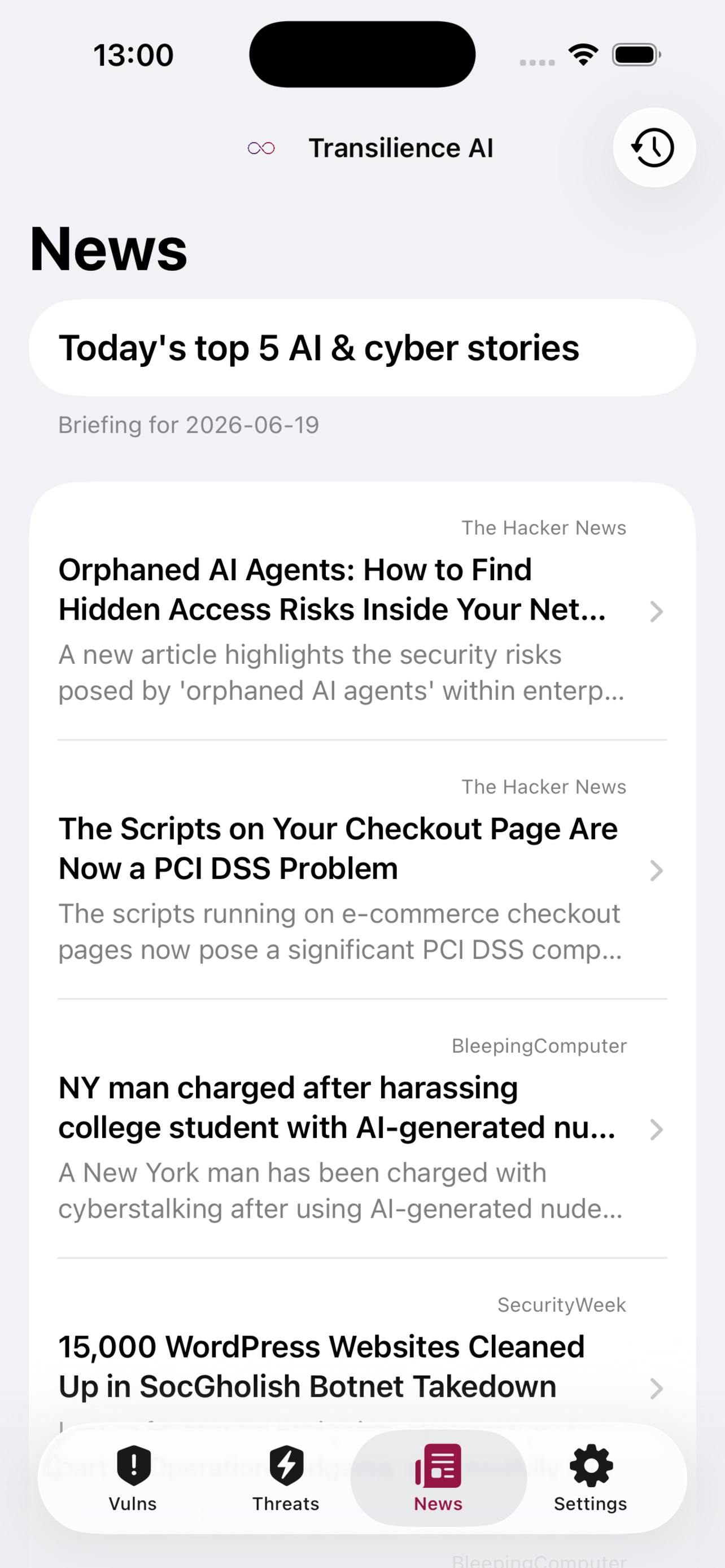 Transilience CISO Threat Alert App