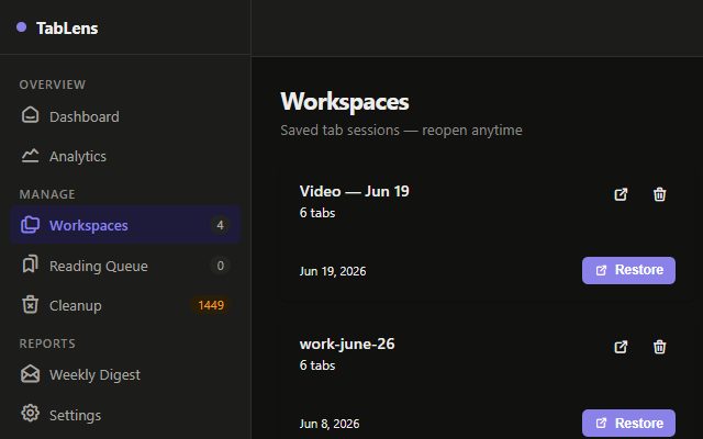 TabLens: Your browser tabs, organized. screenshot
